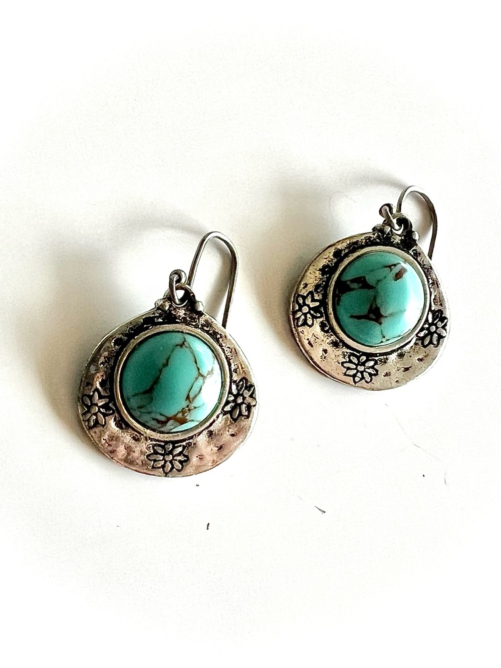Lucky Brand Turquoise & Silver Floral Stamped disc earrings, French wire hook